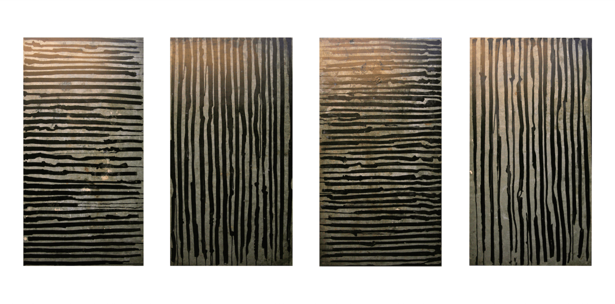 Black ink on dirty old shelving panels.  4 x 455 x 845 December 2013